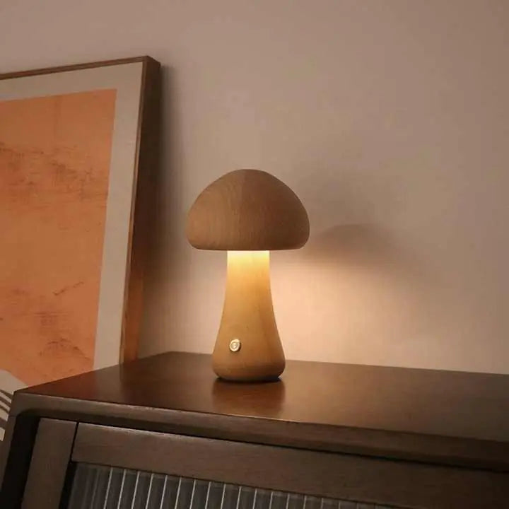 Wooden Mushroom LED Night Light - Rechargeable & Portable