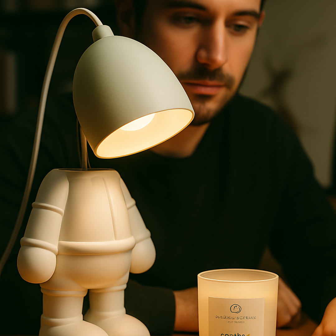 Person sitting at a table with a small lamp and a candle labeled 'Coche & Teu'.