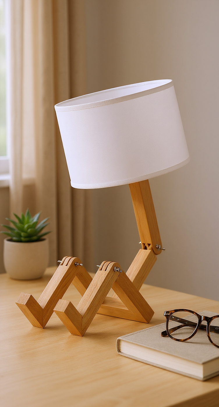 Wooden adjustable desk lamp on a workspace
