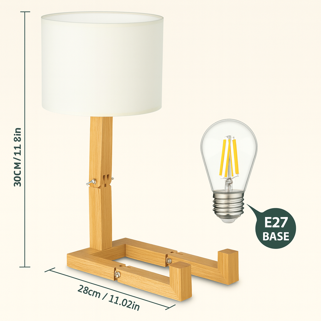 Table lamp with wooden base and white shade, accompanied by an LED bulb on a white background.