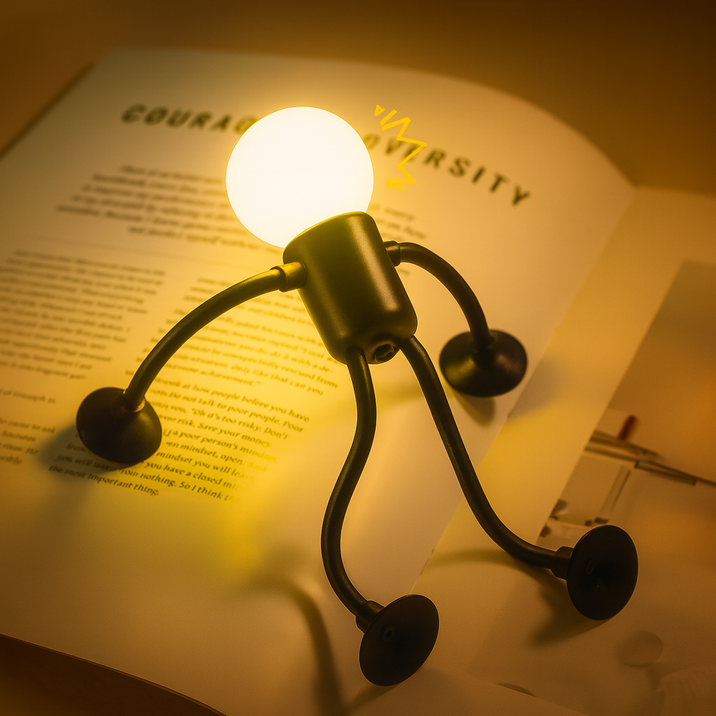 Light bulb character on a book with a warm glow