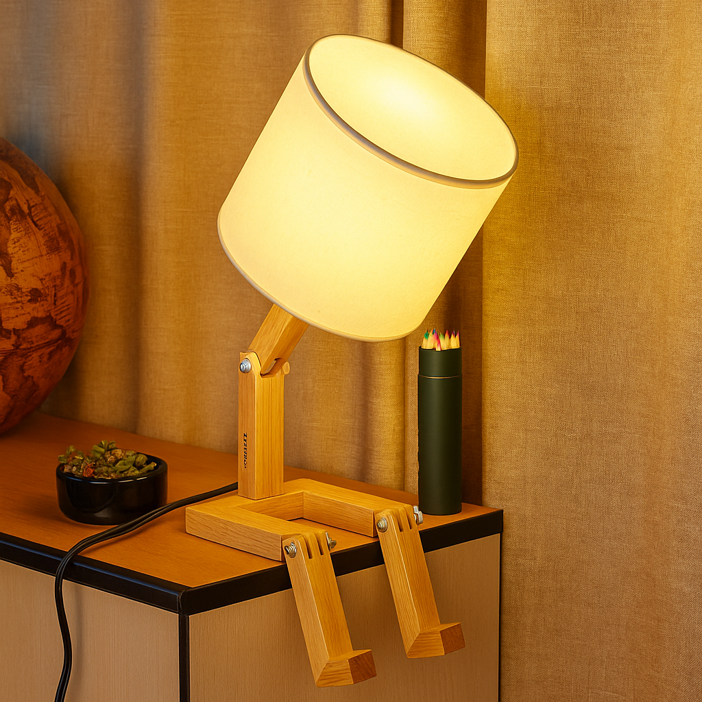 Wooden desk lamp with a soft glow on a wooden surface against a beige curtain background