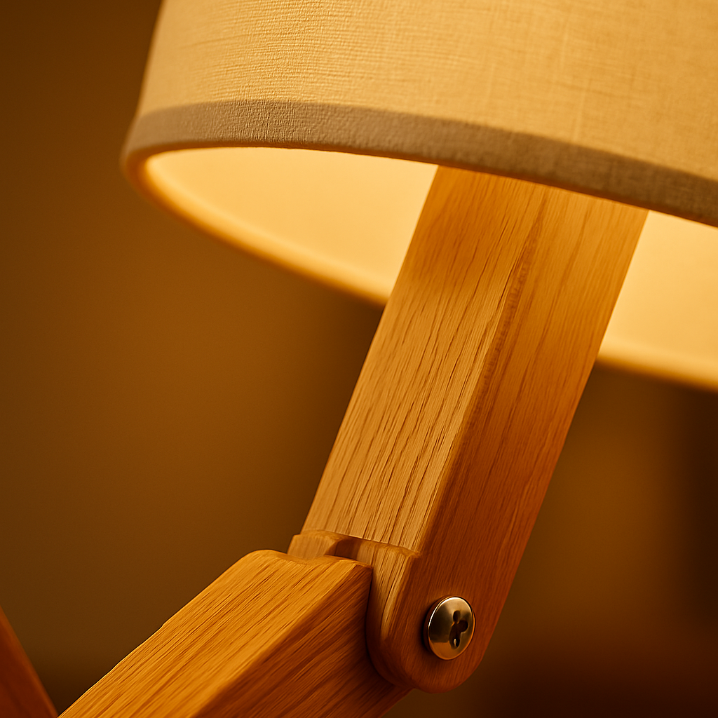 Wooden lamp with a beige lampshade on a blurred background