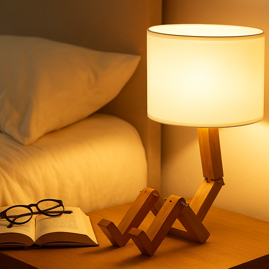 Wooden lamp on a bedside table with an open book and glasses next to it, in a warm bedroom setting.