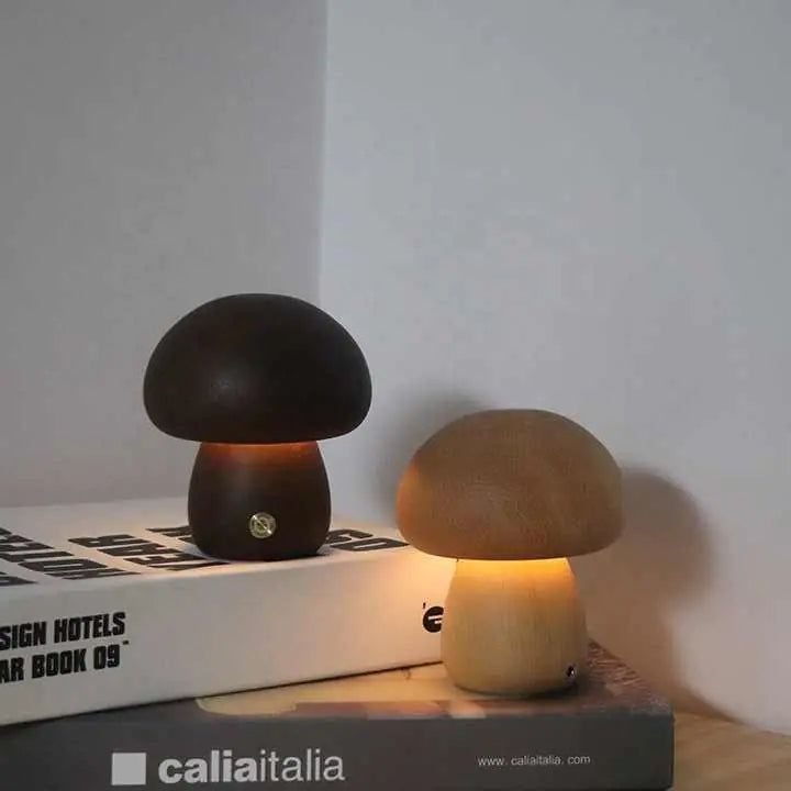 Wooden Mushroom LED Night Light - Rechargeable & Portable